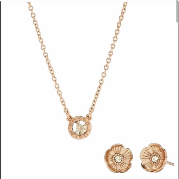 NEW Coach Open Circle Necklace And Tea Rose Stud Earrings Set - Picture 1 of 7